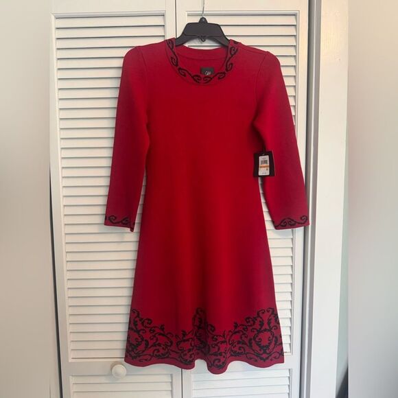 NWT SZ S Jessica Howard 3/4 Sleeve Red w/Black Scroll Sweater Dress - Picture 7 of 11